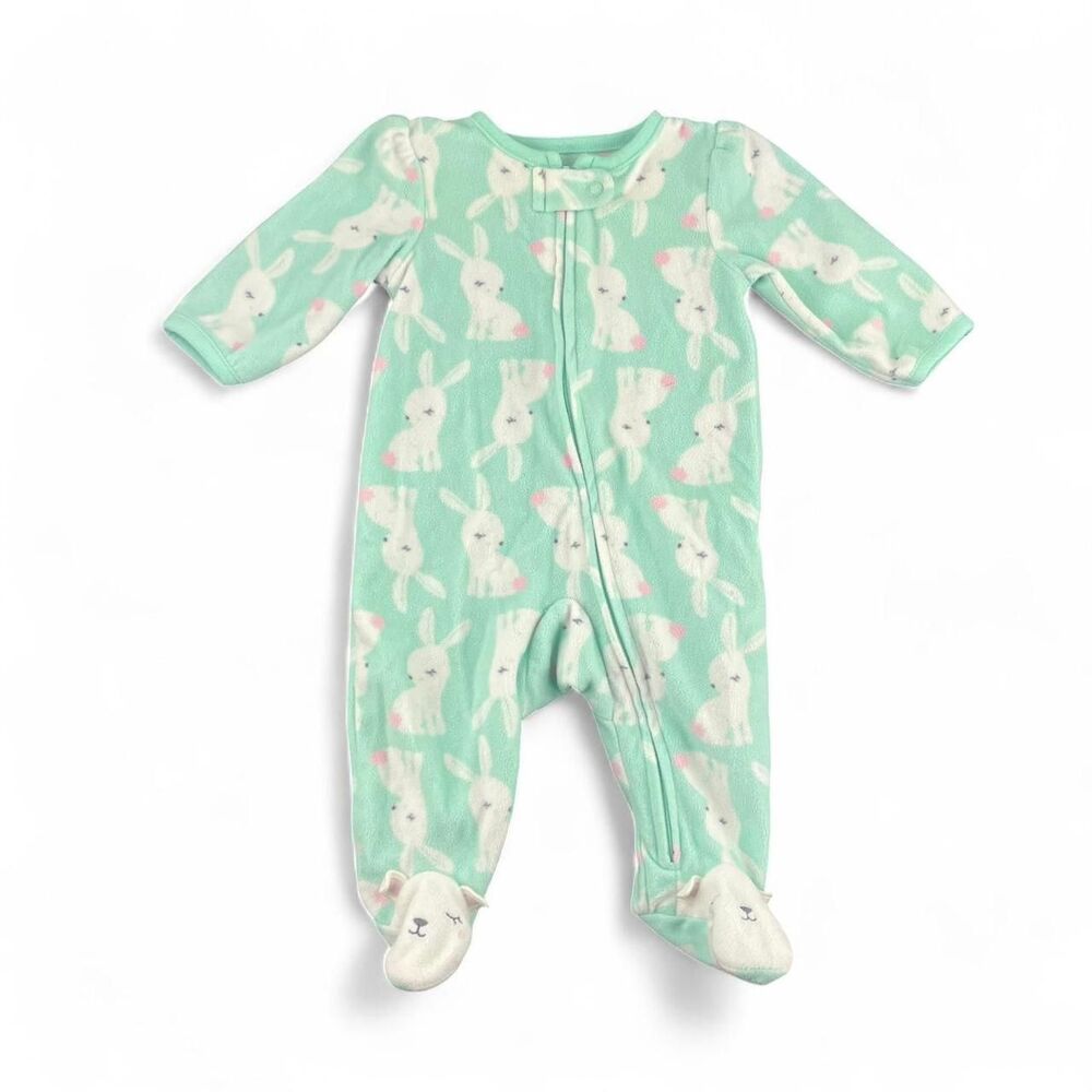 green and white fleece bunny sleeper with zipper & footies size 0-3 months